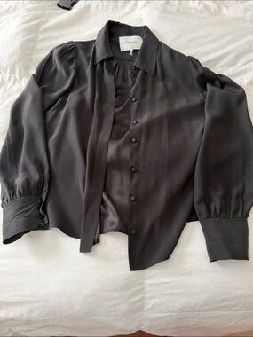 Frame Denim Black Silk-Blend Puff Sleeve Button-Up Shirt